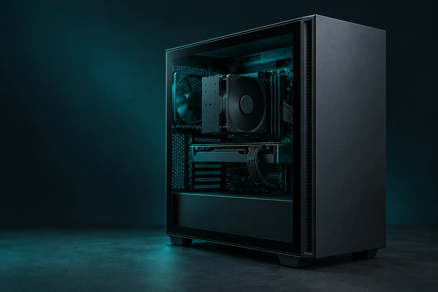 Illustration d’un PC fixe sobre avec un éclairage turquoise